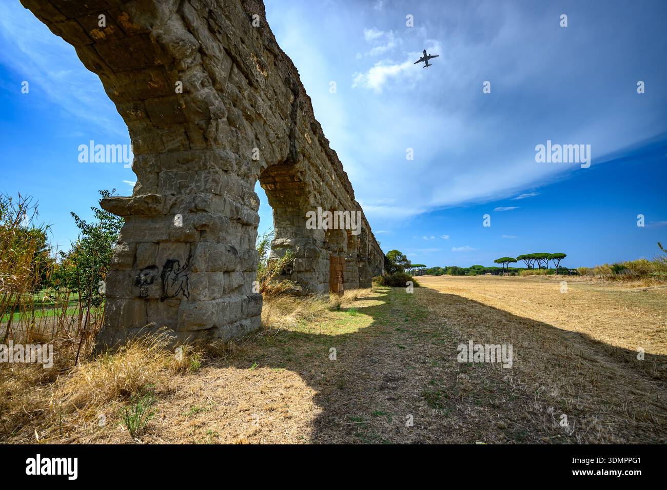 Im Parco degli Acquedotti, Rom, erstrecken sich erhaltene römische Aquäduktbögen über das Gelände mit Kiefern. Stockfoto
