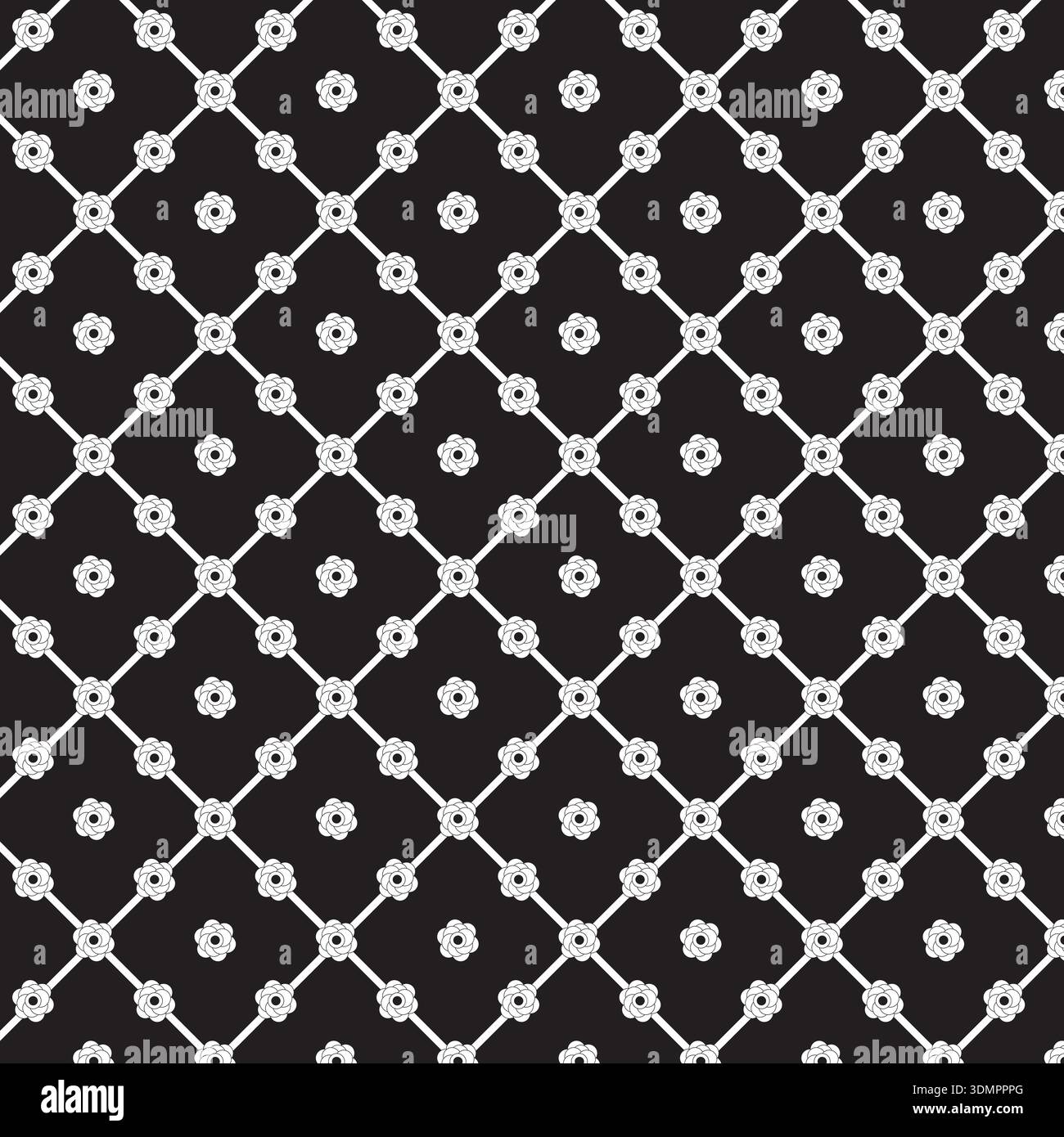 Nahtloses geometrisches Blumenmuster mit weißen abstrakten Blumen und Diamantgitterlinien auf schwarzem Hintergrund, perfekt für elegantes Textil und Wa Stock Vektor