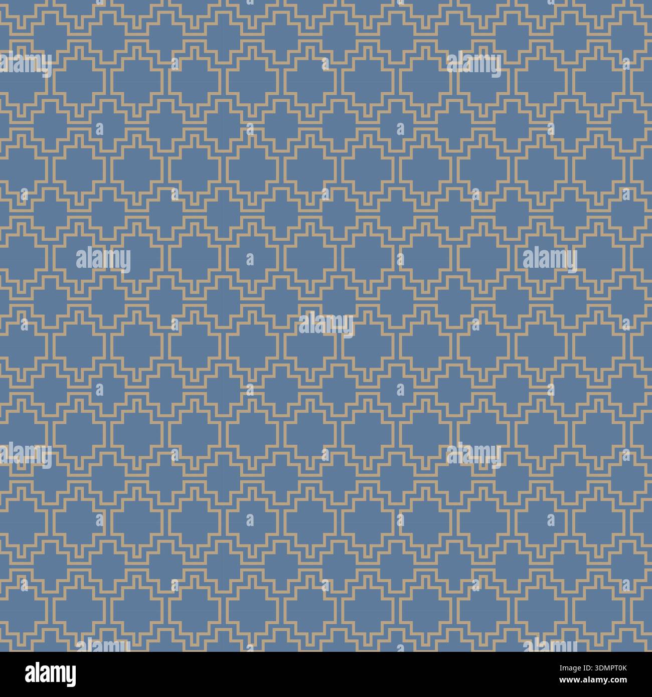 Nahtloses geometrisches Muster mit ineinander greifenden Kreuzen und Quadraten in Blau und Gold; elegante Vektorillustration für Hintergründe, Textilien und Wallpape Stock Vektor