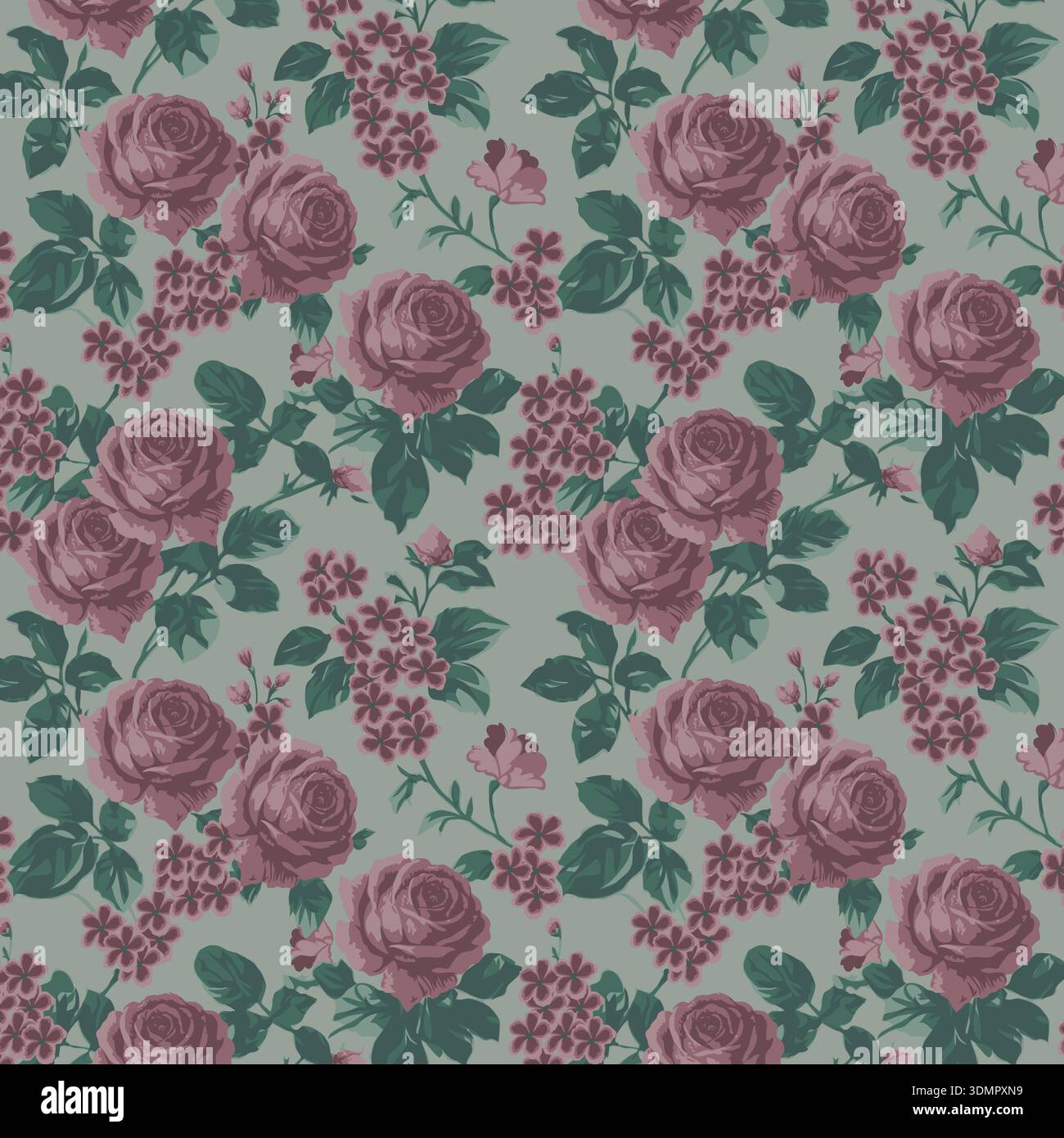 Bezauberndes Vintage-Blumenmuster mit gedämpften rosa Rosen, grünen Blättern und Beeren auf einem blassblauen karierten Hintergrund. Perfekt für Retro-Textilien, Deko Stock Vektor