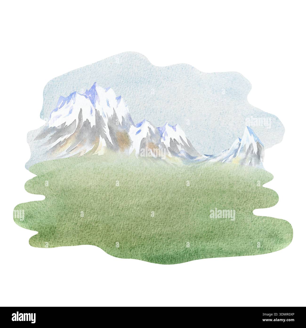 Berglandschaft. Handgezeichnete Aquarellillustration. Perfekt für Hintergründe, Banner, Poster, Verpackungsdesign, Etiketten, und vieles mehr. Stockfoto