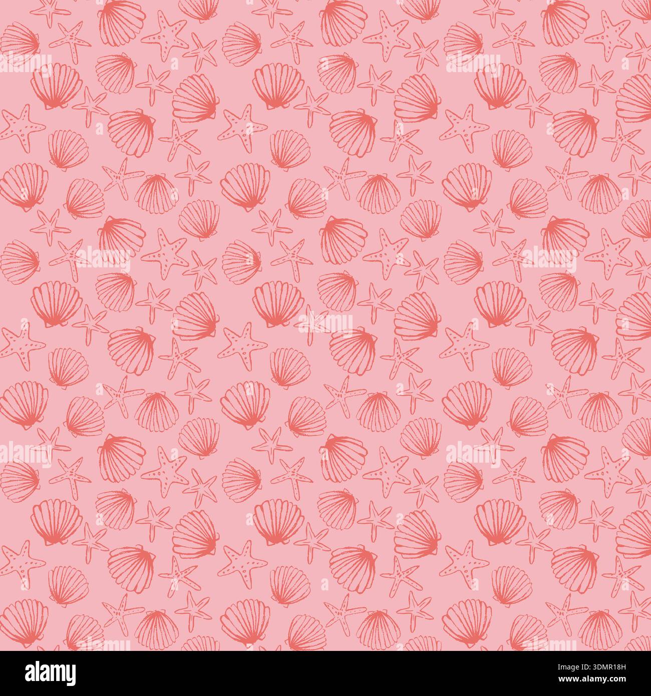 Nahtlose Muschel- und Seestern-Muster, rotes Marine-Sketch-Design auf rosa Hintergrund, nautische Sommer-Ozean-Textur, Vektor-Illustration Stock Vektor