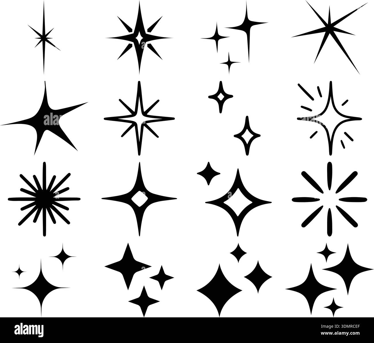 Abstrakte Kollektion mit Sternformen – minimales Set aus Icons mit winkle Burst und dekorativen, glänzenden grafischen Elementen Stock Vektor