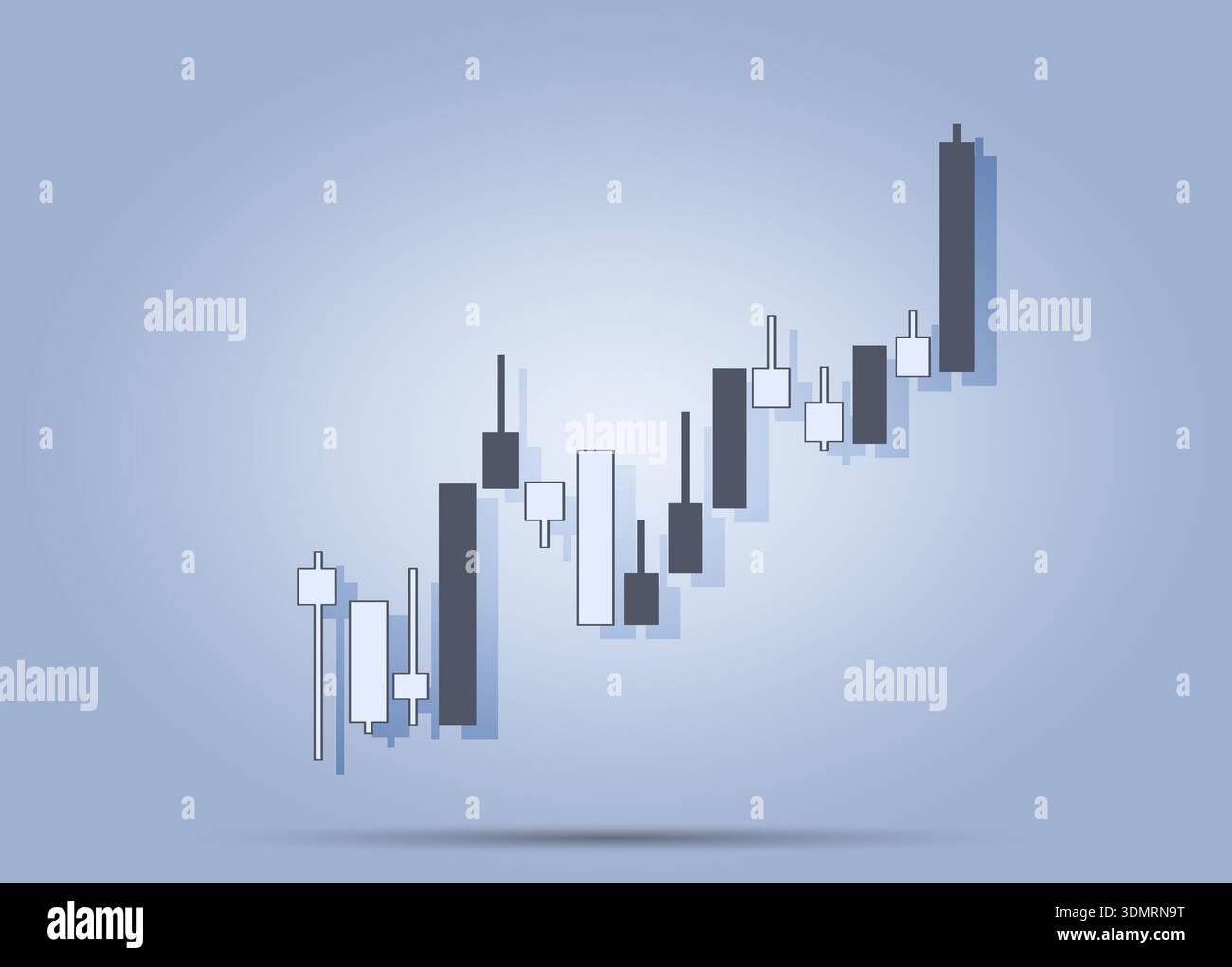 Die Abbildung zeigt ein Candlestick-Diagramm mit Aufwärtstrends an einem Finanzmarkt. Sie repräsentiert Aktivitäten wie Handel, Kauf und Verkauf Stock Vektor