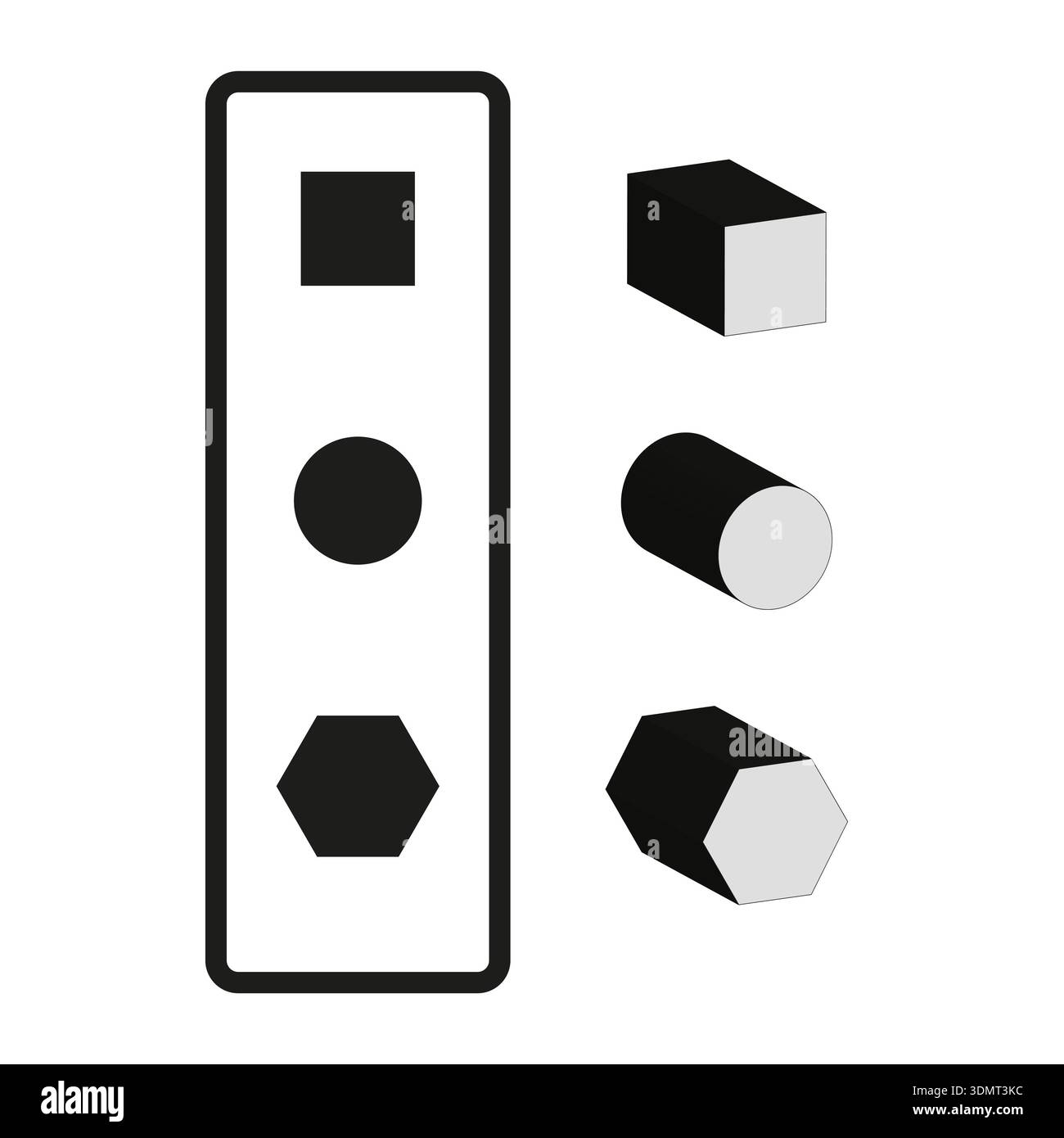 Symbole für geometrische Formen. 3D-Formvektor. Mathematische Figuren. Würfelzylinder Art. EPS 10. Stock Vektor