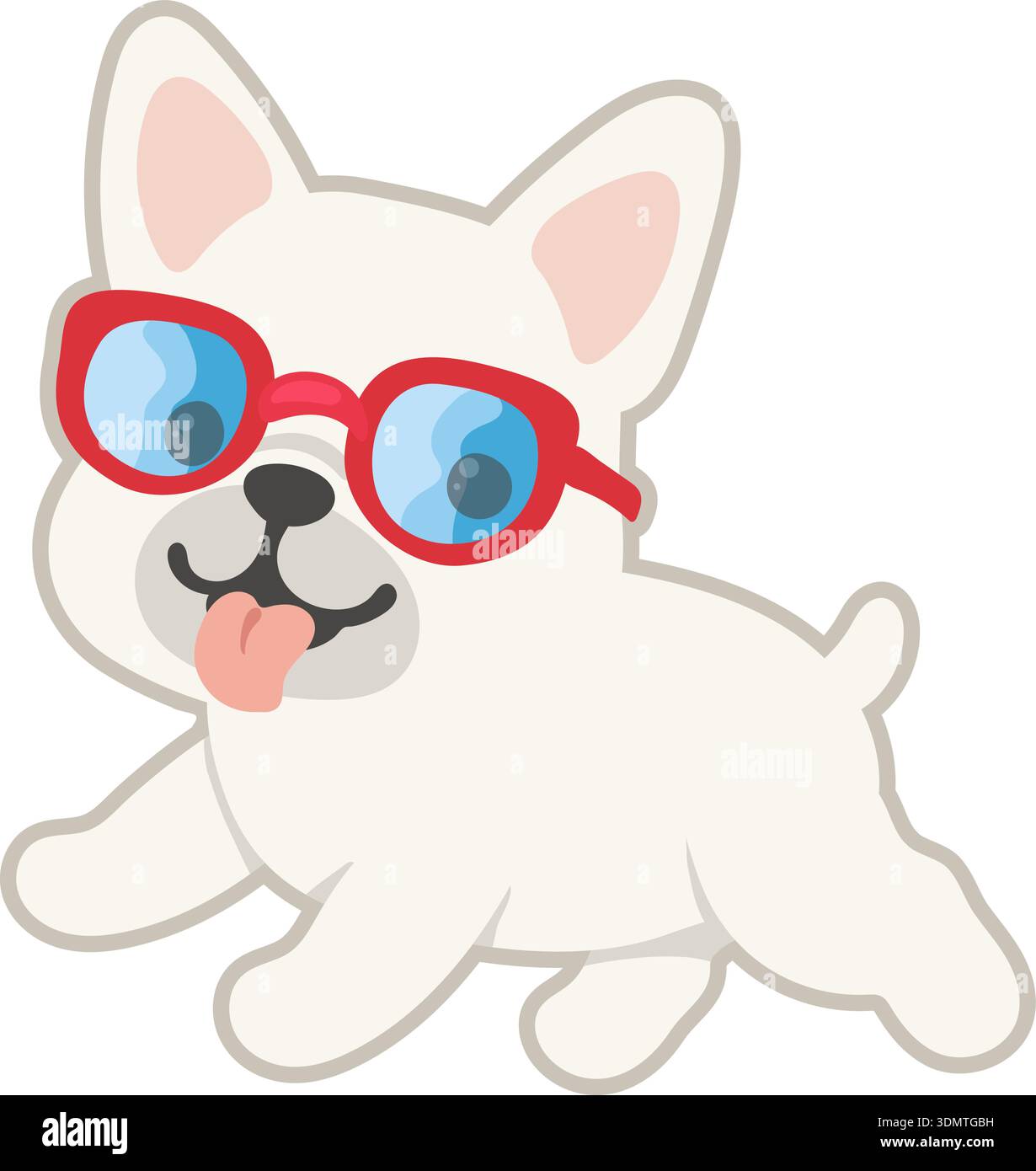 Niedlicher Cartoon französischer Bulldog-Welpe mit hellroter Sonnenbrille mit blauen Gläsern. Stock Vektor