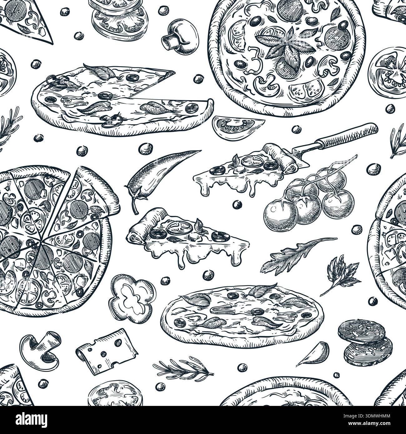 Italienische Pizza und Zutaten nahtloses Muster. Vektor handgezeichnete Skizze Lebensmittel Illustration. Design für Pizzeria-Menü, Druck, Paket zum Mitnehmen, Verpackung Stock Vektor