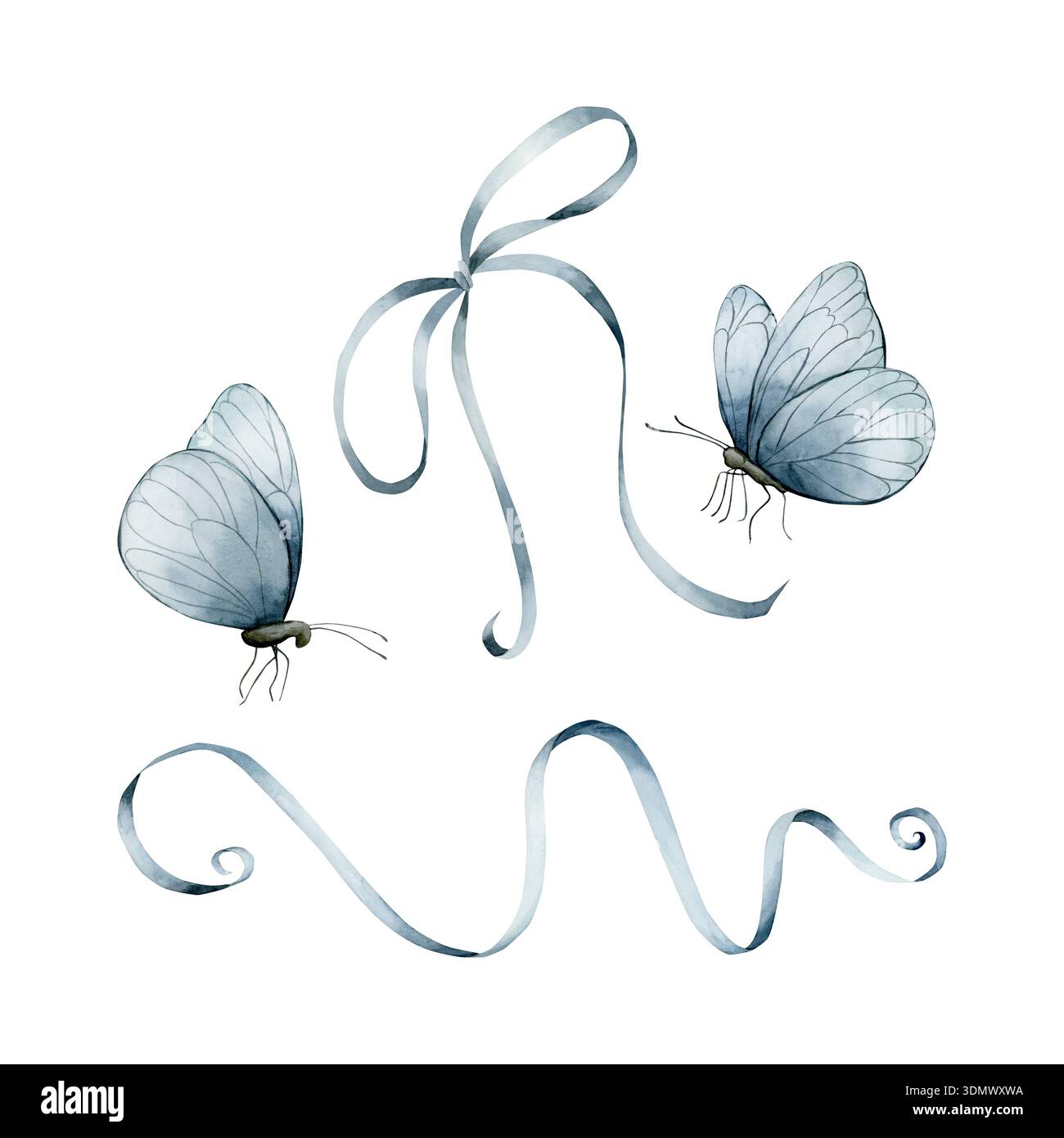 Set mit blauen Schmetterlingen und Schleifenband. Aquarellillustration Hand gemalt isoliert auf weißem Hintergrund für Einladungen Grußkarten Poster Etiketten Verpackung Stockfoto