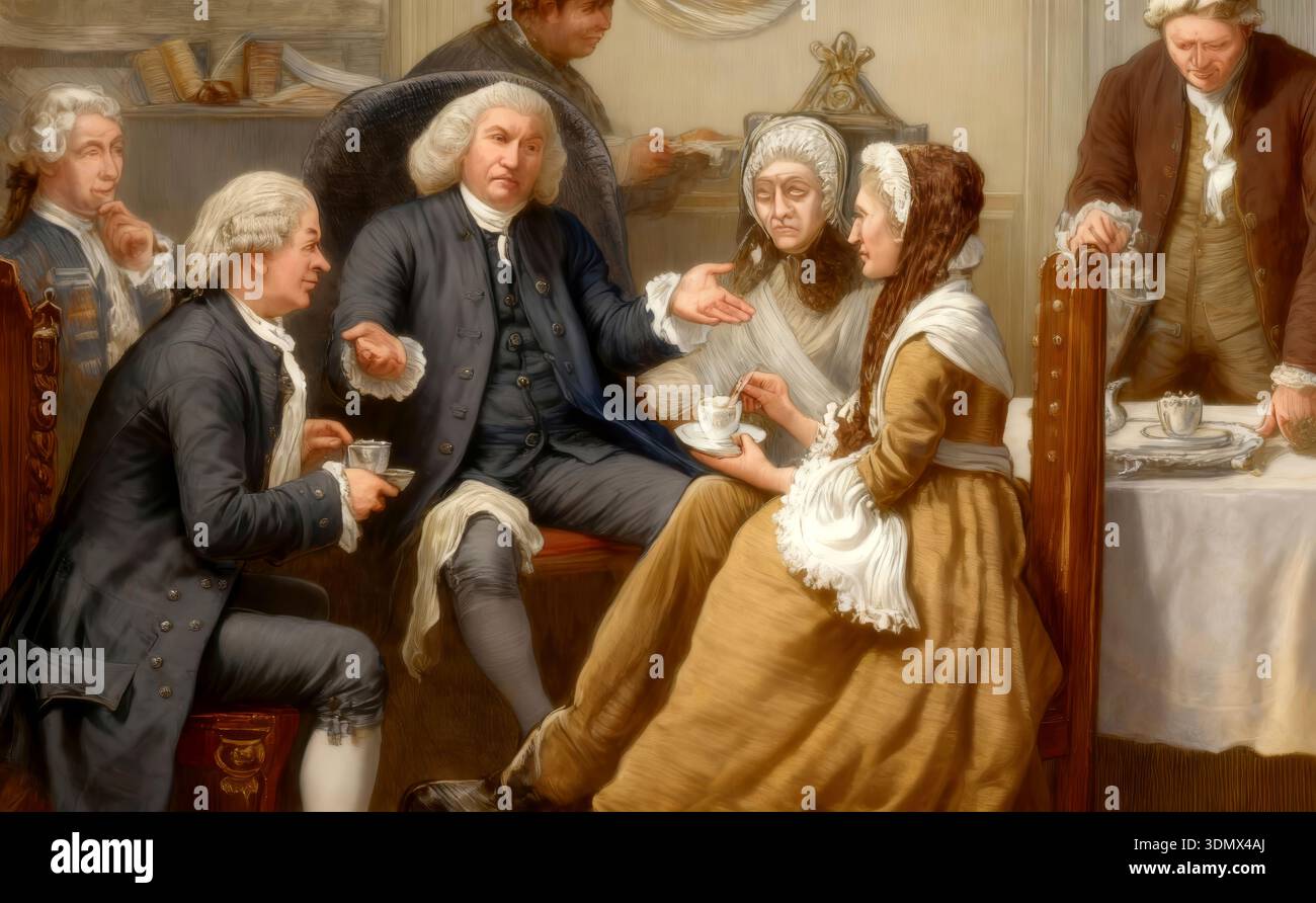 Eine Teeparty beim britischen Lexikographen und Schriftsteller Dr. Samuel Johnson, 1709-1784, London, England, Europa, 18. Jahrhundert Stockfoto