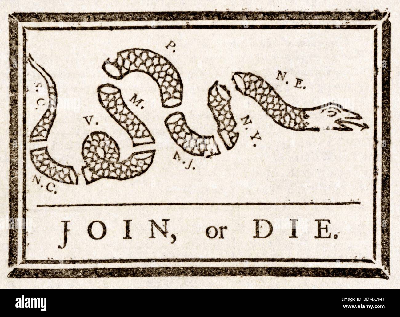 Beitreten oder sterben. Wird James Turner für Benjamin Franklin zugeschrieben. 1754. Ein politischer Zeichentrick, in dem die Dreizehn Kolonien aufgefordert werden, die britischen Truppen während des Französisch- und Indianerkrieges zu vereinen und zu unterstützen. 20 Jahre später zur Unterstützung der Amerikanischen Revolution. Stockfoto