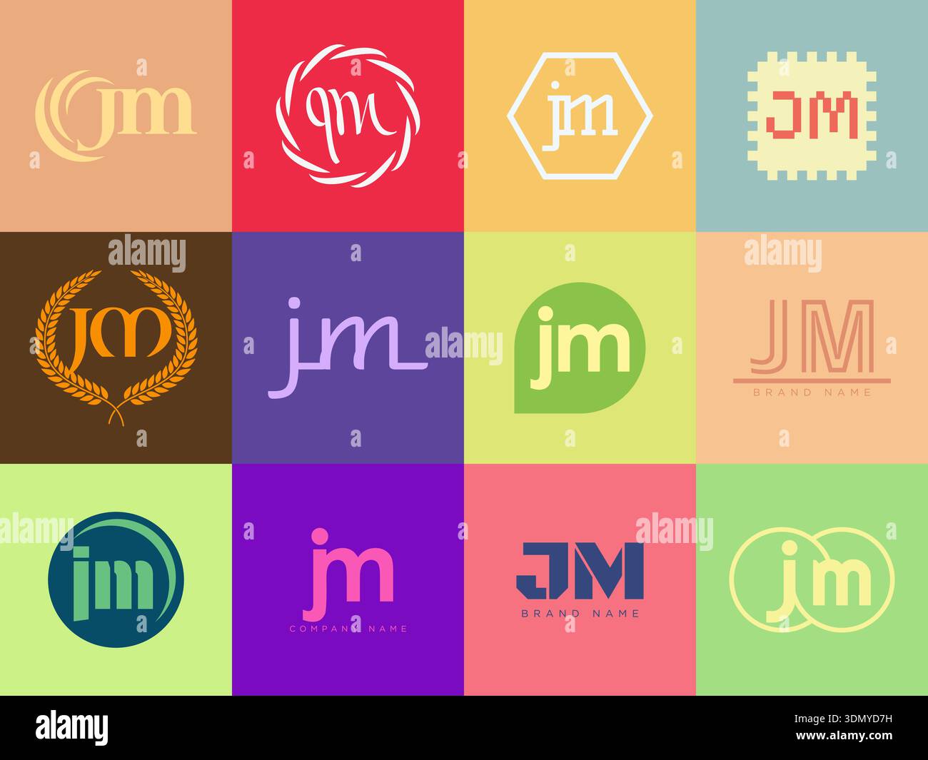 Unternehmensvorlage mit JM-Logo. Buchstaben j und m. Setzen Sie mit Designelementen verschiedene klassische Serifenschriftarten und modernen, auffälligen Text. Anfängliche Schriftart Stock Vektor
