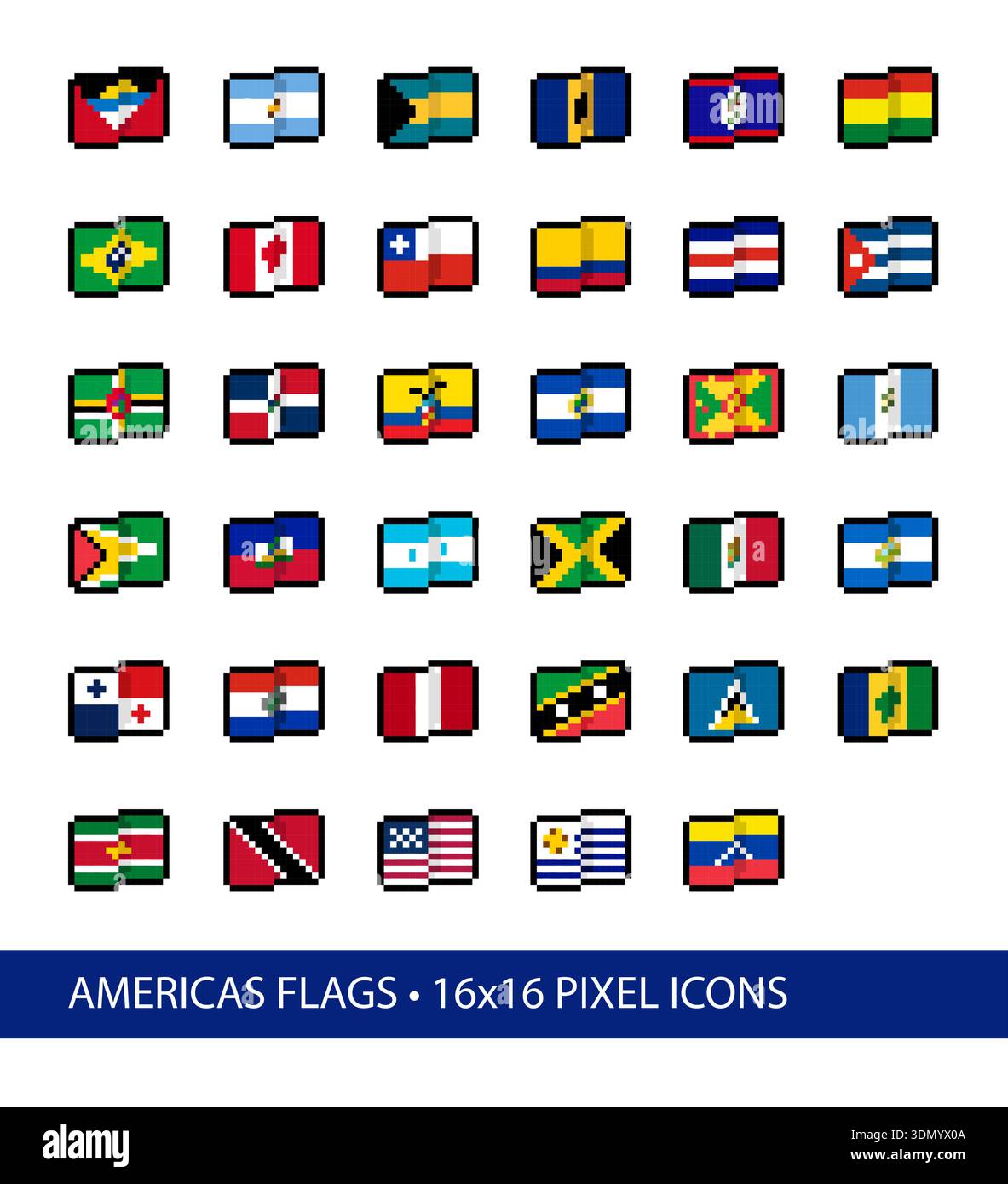 Amerika Flags Pixel Art Vektor Symbole 16x16. Satz von mehr als 30 stilisierten, vereinfachten, abstrakten Pixelinterpretationen von Flaggendesigns, die ab 2026 allgemein verwendet werden. Stock Vektor