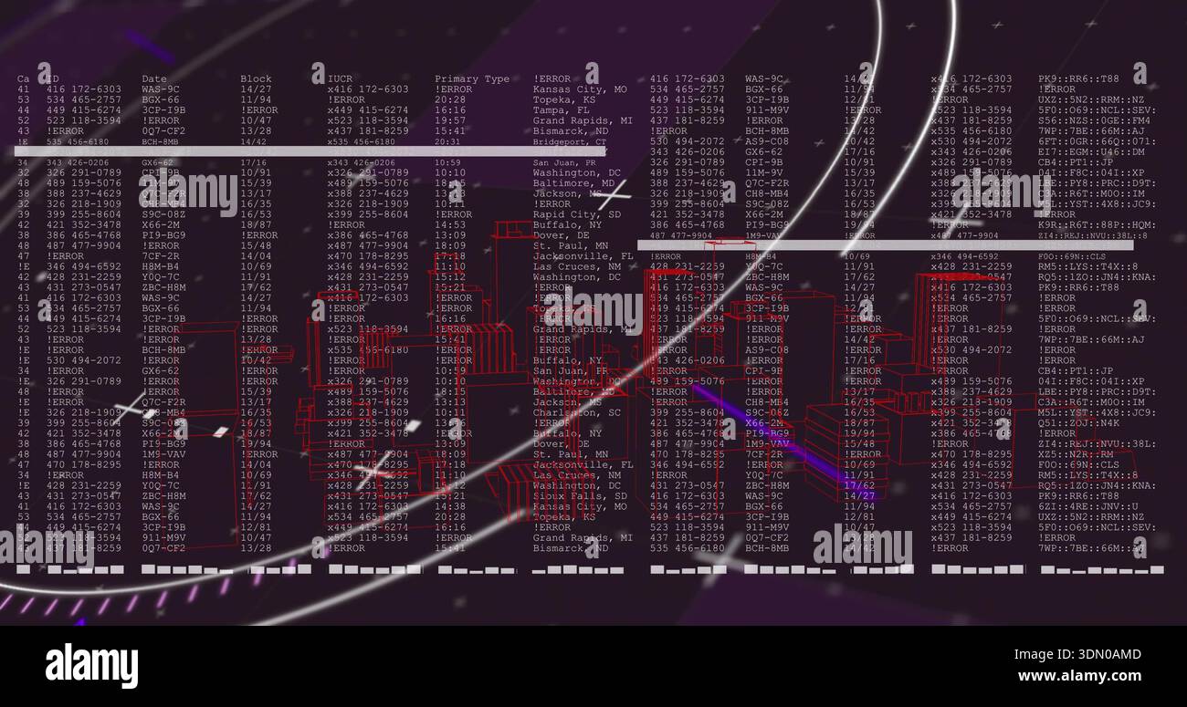 Anzeige des zentralen HUD mit einfarbigem Text, FEHLERBESCHRIFTUNGEN, roter Drahtdarstellung, Lichtspuren Stockfoto