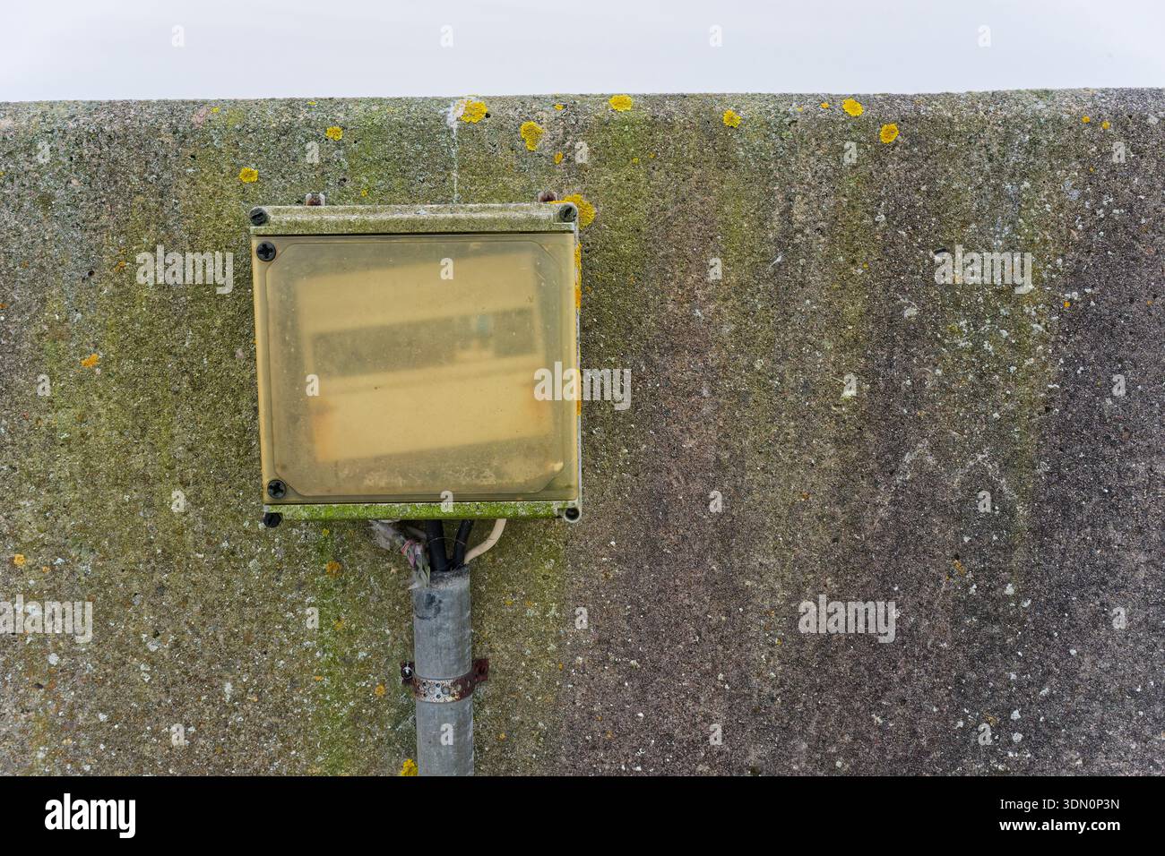 Ein moosbedeckter Betonblock hält einen alten Instrumentenkasten mit Drähten, sein dunkles Glasfenster deutet auf eine lange Nutzung in der Nähe von Salzluft hin, was auf Monitorin hindeutet Stockfoto