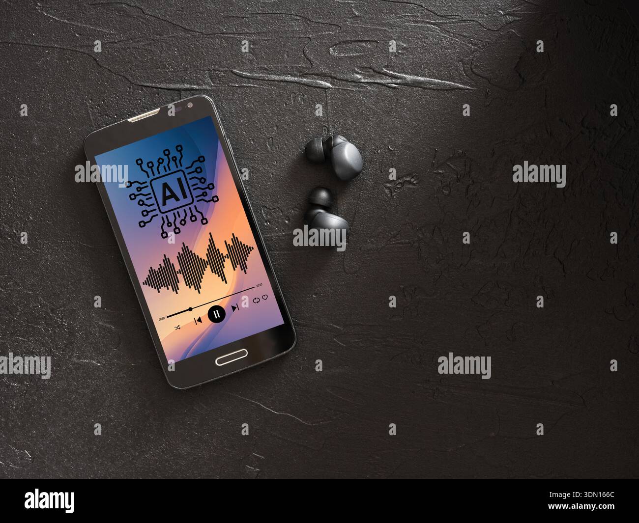 KI-generiertes Musikkonzept. Smartphone zeigt künstliche Intelligenz und Audiowellen an und spielt Musik über kabellose Ohrhörer auf einem dunklen Textil ab Stockfoto