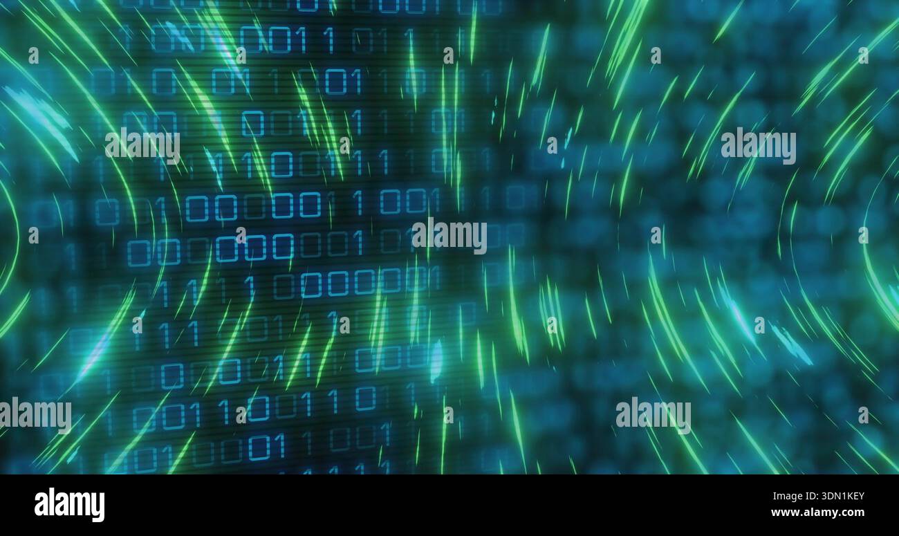 Streaming von blauer Binärmatrix und neongrünen Bögen, die sich durch einen virtuellen Datentunnel mit Panels bewegen Stockfoto