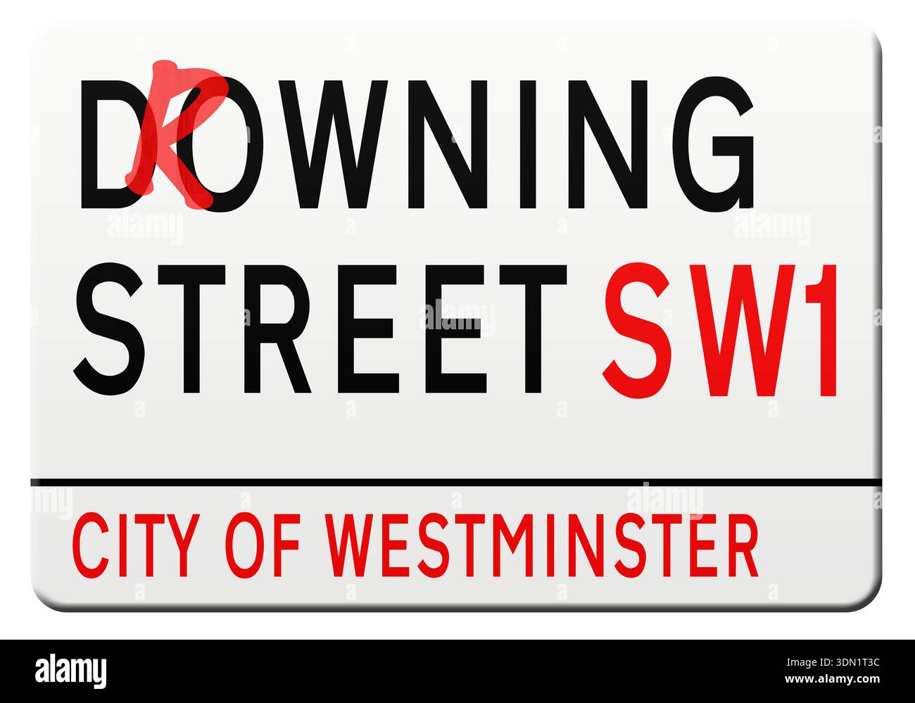 Digital Composite. Downing Street Schild mit einem „R“ hinzugefügt, um „Drowning Street“ zu schaffen. Stockfoto