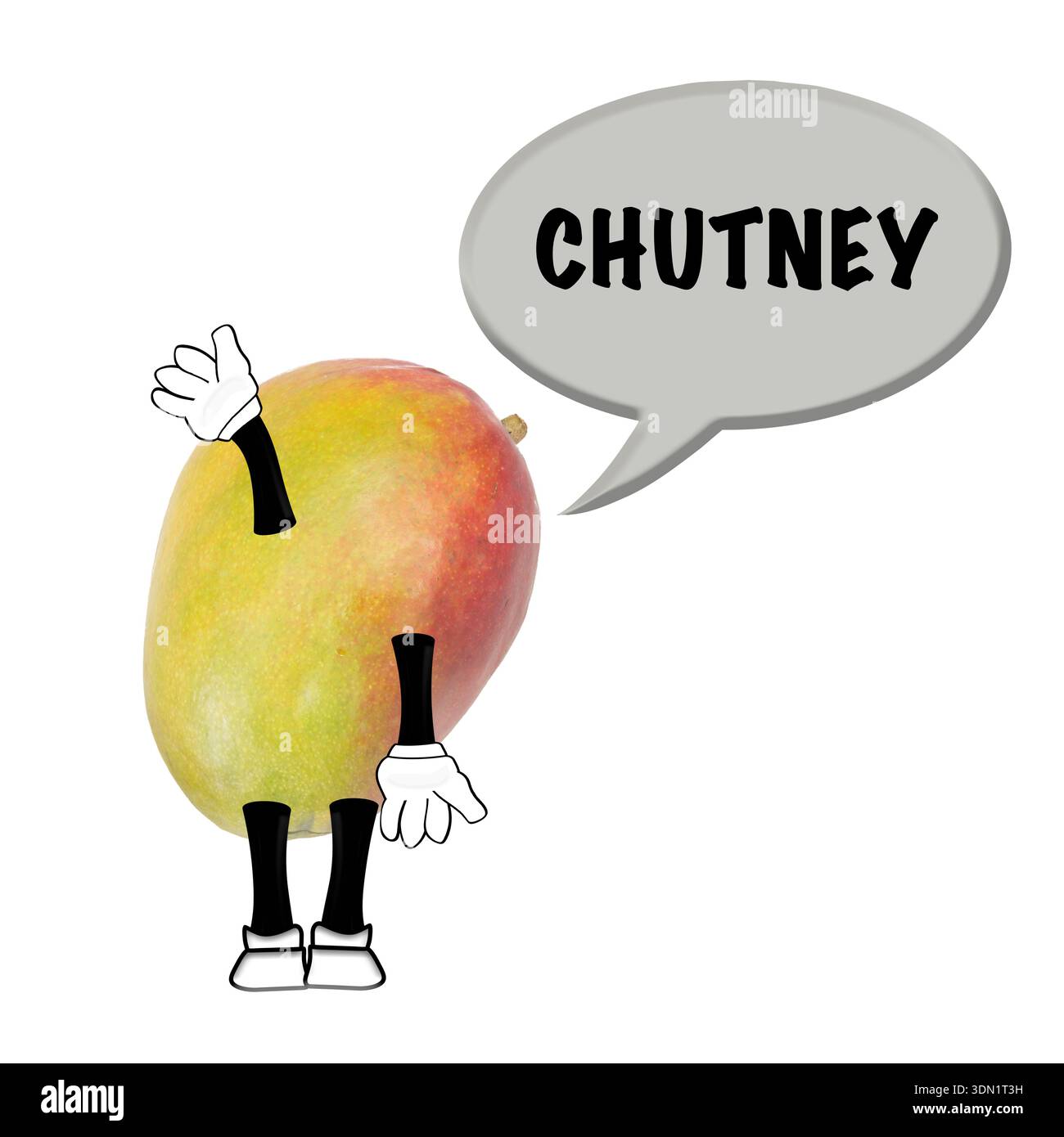 Cartoon Mangofrucht winkt auf weißem Hintergrund. Mit einer Sprechblase mit dem Wort Chutney. Die Mango ist eine essbare Steinfrucht der Mangifera in Stockfoto