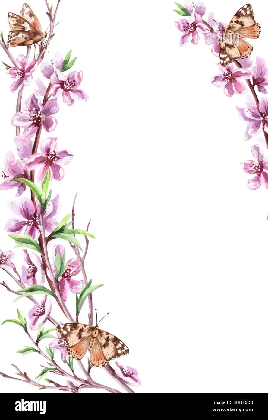 Vertikaler rechteckiger Rahmen mit blühenden Pfirsichzweigen und Schmetterlingen. Isolierte Aquarellillustration für die Gestaltung von Postkarten, Einladungen, in Stockfoto