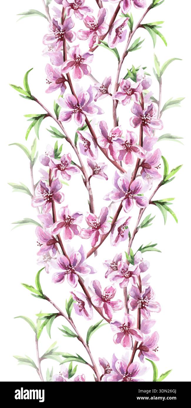 Eine nahtlose vertikale Grenze mit blühenden Pfirsichzweigen. Aquarellillustration für Innenarchitektur, Reise-Websites, Postkarten, Stoffdruck und Stockfoto