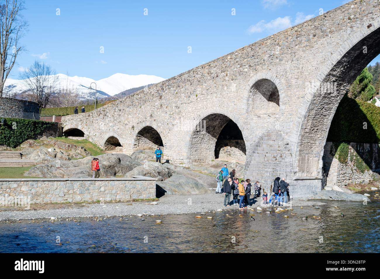 Pont Nou (neue Brücke) romanische Brücke, einbogige Steinbrücke, Touristen in der Nähe des Flusses, Camprodon, Katalonien, Spanien Stockfoto