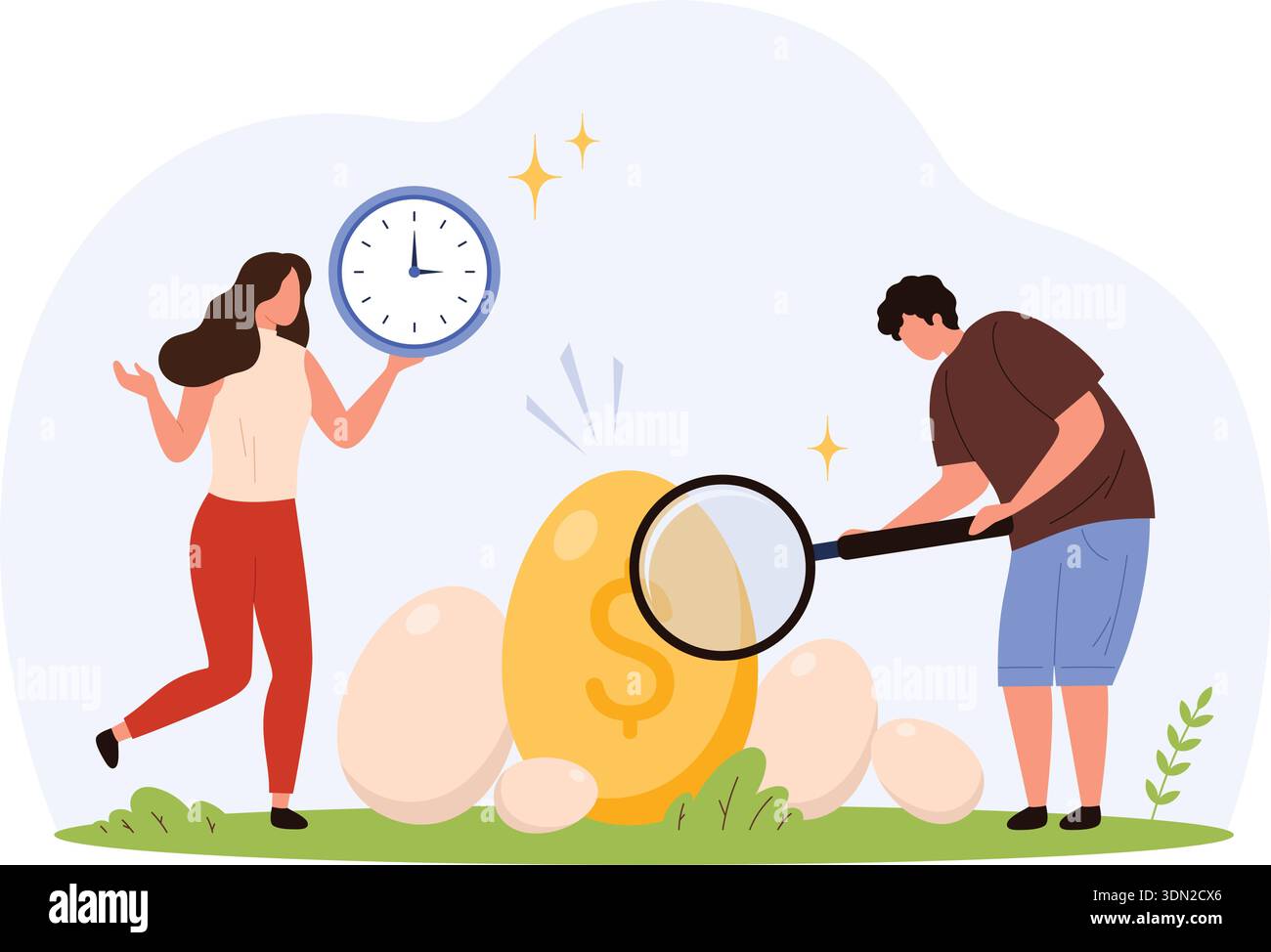 Mann mit Lupe und Frau mit Uhr, die goldenes Ei untersucht, das Finanzwachstum, Gewinn, Belohnung und Investition in moderner flacher Art isolierter Vektor-Illustration symbolisiert Stock Vektor