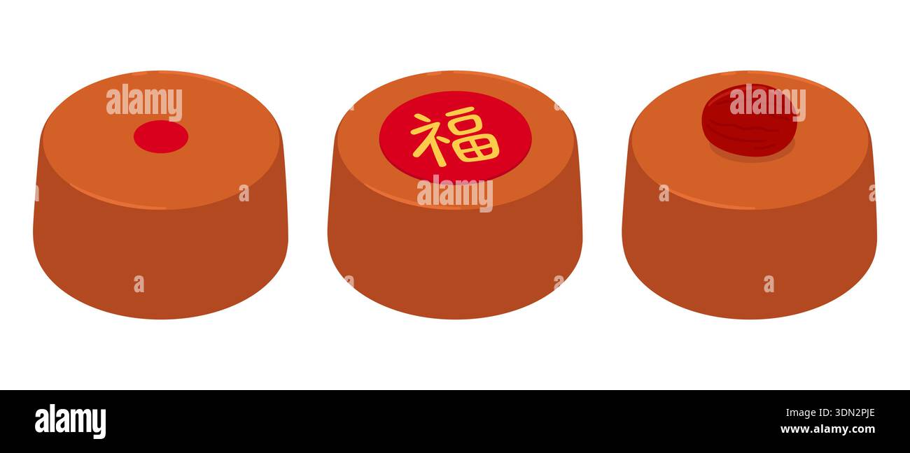 Nian Gao, traditioneller chinesischer Neujahrskuchen. Mit Datum oder rotem Kreis mit chinesischem Symbol für „viel Glück“. Einfache Vektorgrafik-Illustration. Stock Vektor