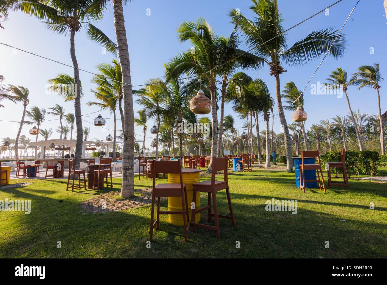 Ein einladender Sitzbereich im Freien in einem tropischen Resort in Hawana Salalah, Oman, mit zahlreichen Palmen und hohen Tischen mit Barhockern. Decorati Stockfoto