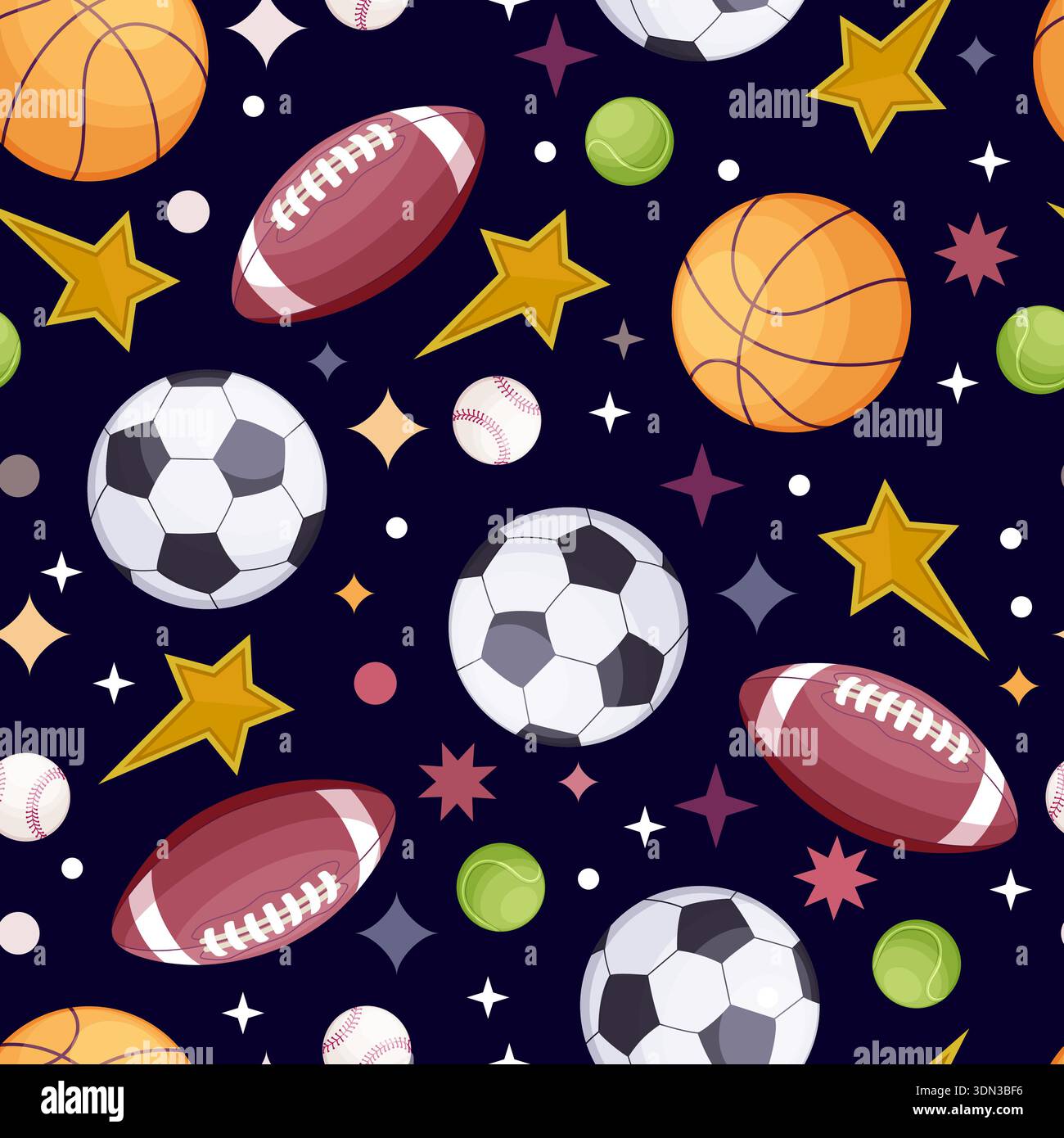 Nahtloses Vektormuster mit Sportbälle. Fußball, American Football, Baseball, Basketball, Tennisball und Sterne auf schwarzem Hintergrund. Design für Wand Stock Vektor