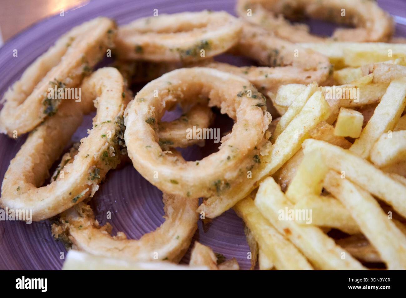 Gebratene Calamari-Ringe mit Pommes frites sind Teil der Speisekarte del Dias in einem Café santa cruz de teneriffa kanarische Inseln spanien Stockfoto