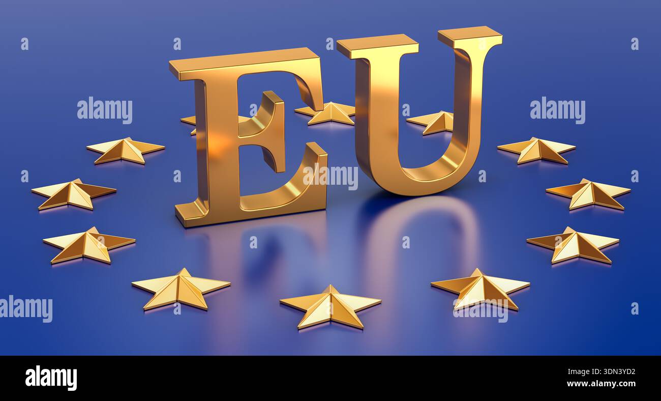 EU-Goldbuchstaben mit Sternenkreis, EU-Symbol, 3D-Rendering Stockfoto