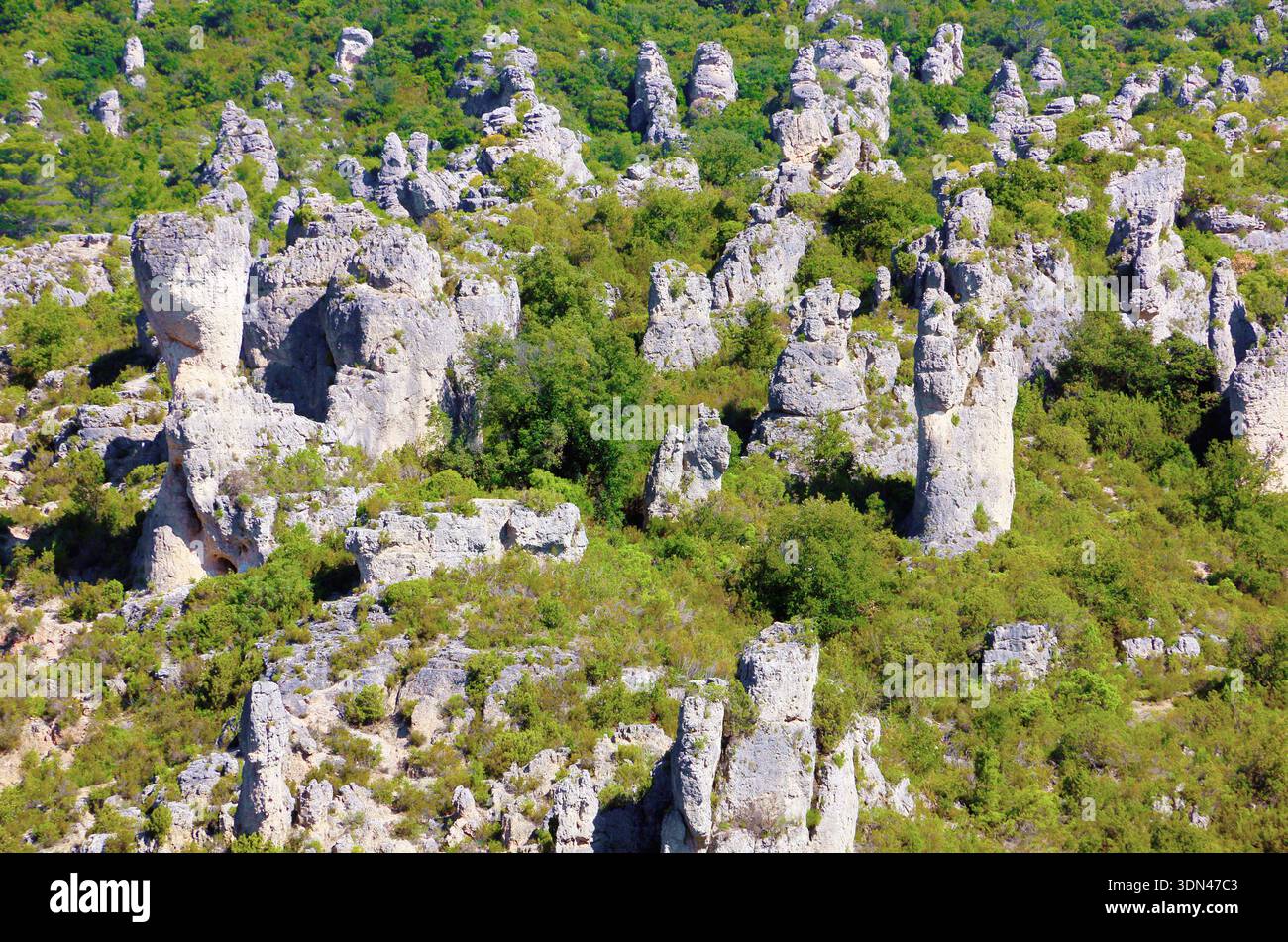 Felsen im malerischen Kessel von Mourèze. Hérault, Frankreich. Dolomitischer Kalkstein erodiert zu einer charakteristischen Form von Ruinen in der Natur. Stockfoto