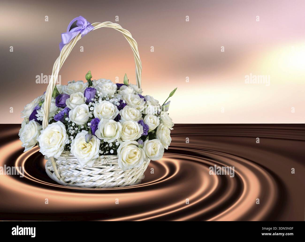Auf einem abstrakten Hintergrund von schwindelnder Schokolade ist ein Korb mit weißen Rosen Wert. Hintergrund 3D-Illustration, Kiew, Ukraine Stockfoto