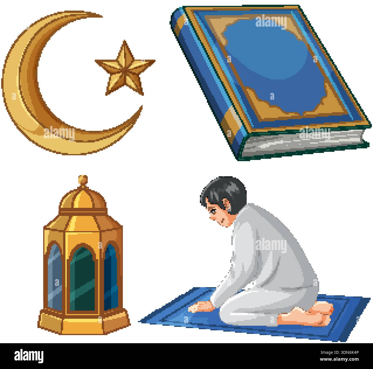 Vektorsatz islamischer Symbole einschließlich Mondsichel, Koran, Laterne und betender Mann Stock Vektor