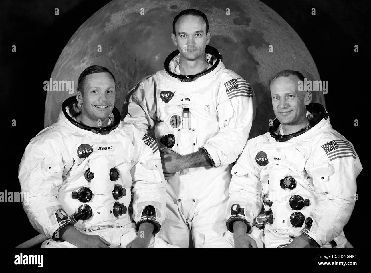 Offizielles Porträt der Apollo 11-Mondlandungsmission mit (l-to-r) Kommandant Neil Armstrong, Modulpilot Michael Collins und Lunar Module Pilot Edwin 'Buzz' Aldrin. (USA) Stockfoto