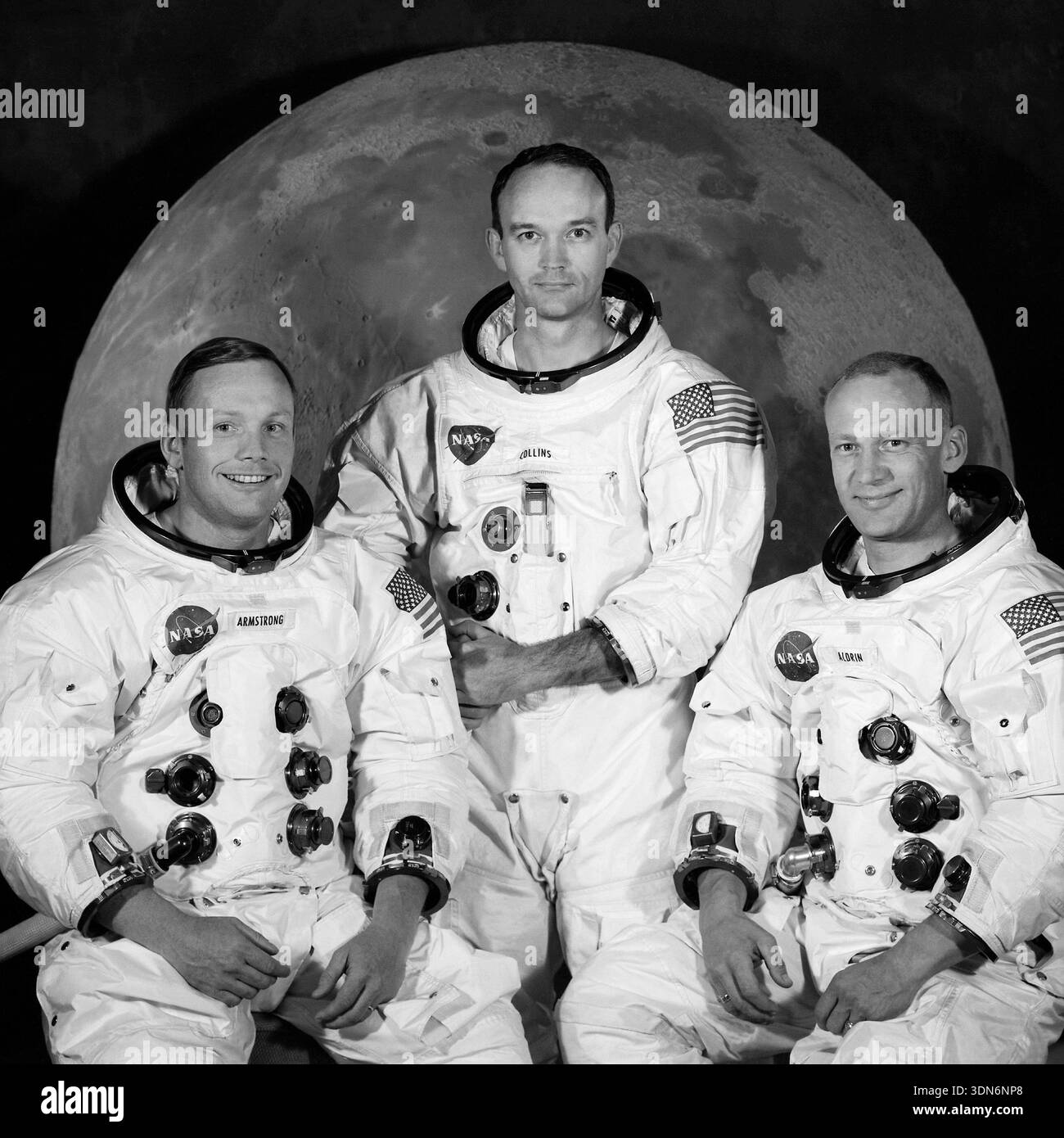 Offizielles Porträt der Apollo 11-Mondlandungsmission mit (l-to-r) Kommandant Neil Armstrong, Modulpilot Michael Collins und Lunar Module Pilot Edwin 'Buzz' Aldrin. (USA) Stockfoto