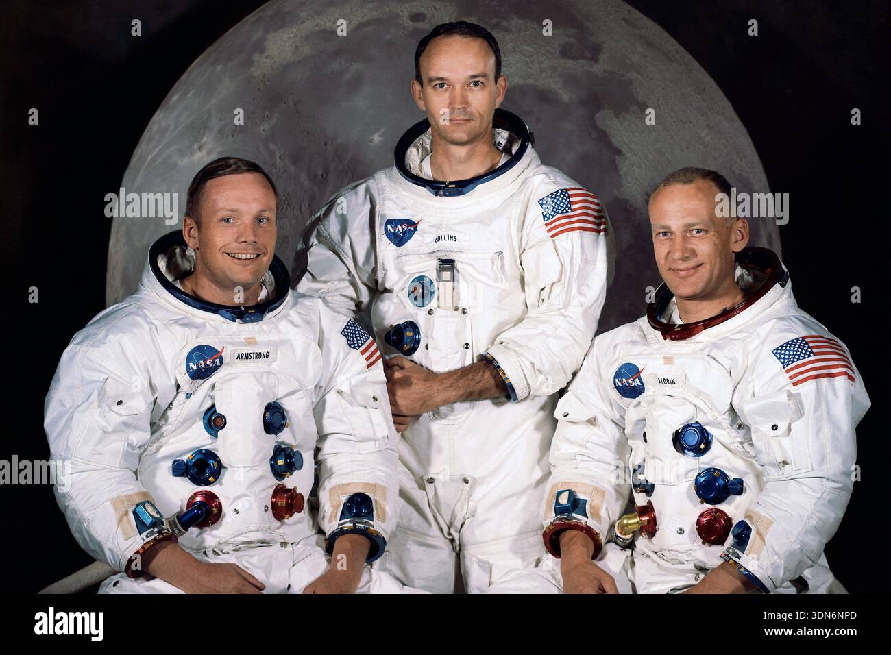 Offizielles Porträt der Apollo 11-Mondlandungsmission mit (l-to-r) Kommandant Neil Armstrong, Modulpilot Michael Collins und Lunar Module Pilot Edwin 'Buzz' Aldrin. (USA) Stockfoto