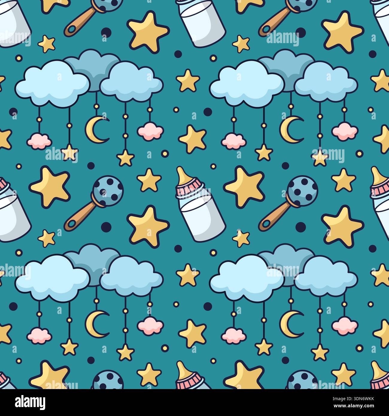 Niedliches, nahtloses Muster für Säuglinge und Mutterschaft. Stoff für Kinderbekleidung, Geschlechterpartys, Babydusche. Textur mit Babymotiv, Schnuller, Milchflasche, Rassel, Sternen. Konturvektor Stock Vektor