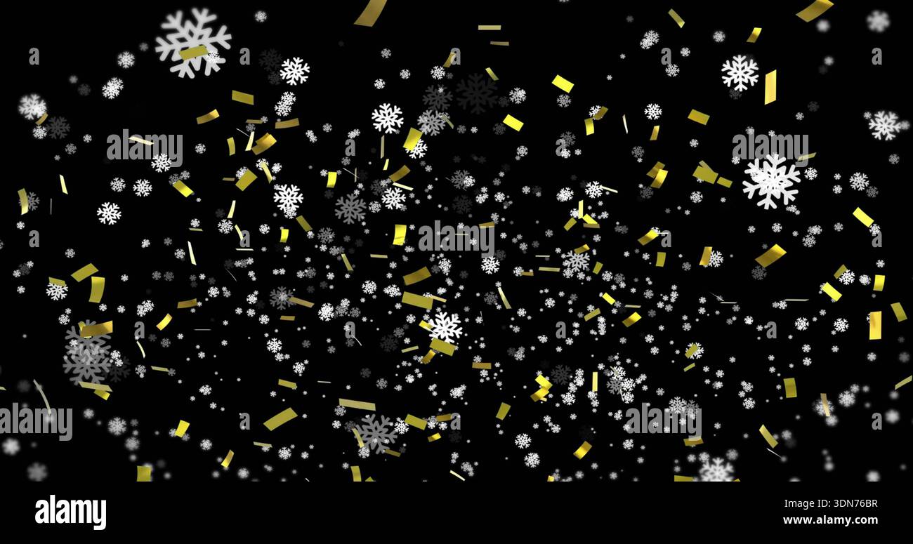 Schwebende weiße Schneeflocken und goldenes Konfetti schaffen mehrschichtige Tiefe auf schwarzem Hintergrund Stockfoto