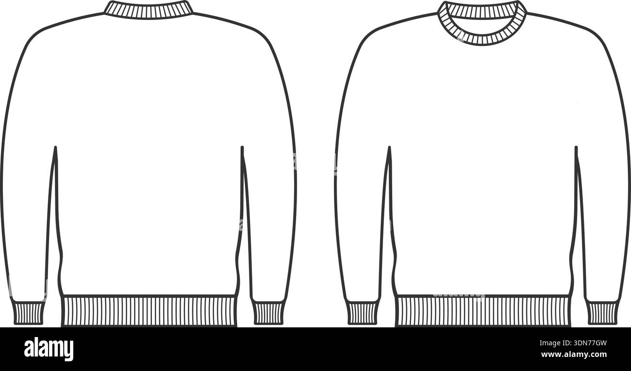 Schwarze Umrisszeichnung eines leeren Sweatshirts mit Vorder- und Rückansicht. Einfache, minimale Illustration, ideal für Mode-Flats, Bekleidungsdesign, Branding, Print-on-Demand und Präsentationen. Illustration der Sweatshirt-Linie. Leeres Sweatshirt vorne hinten. Sweatshirt Technische Zeichnung. Rundhalsausschnitt-Sweatshirt mit Umriss. Flache Skizze für Bekleidung Stock Vektor