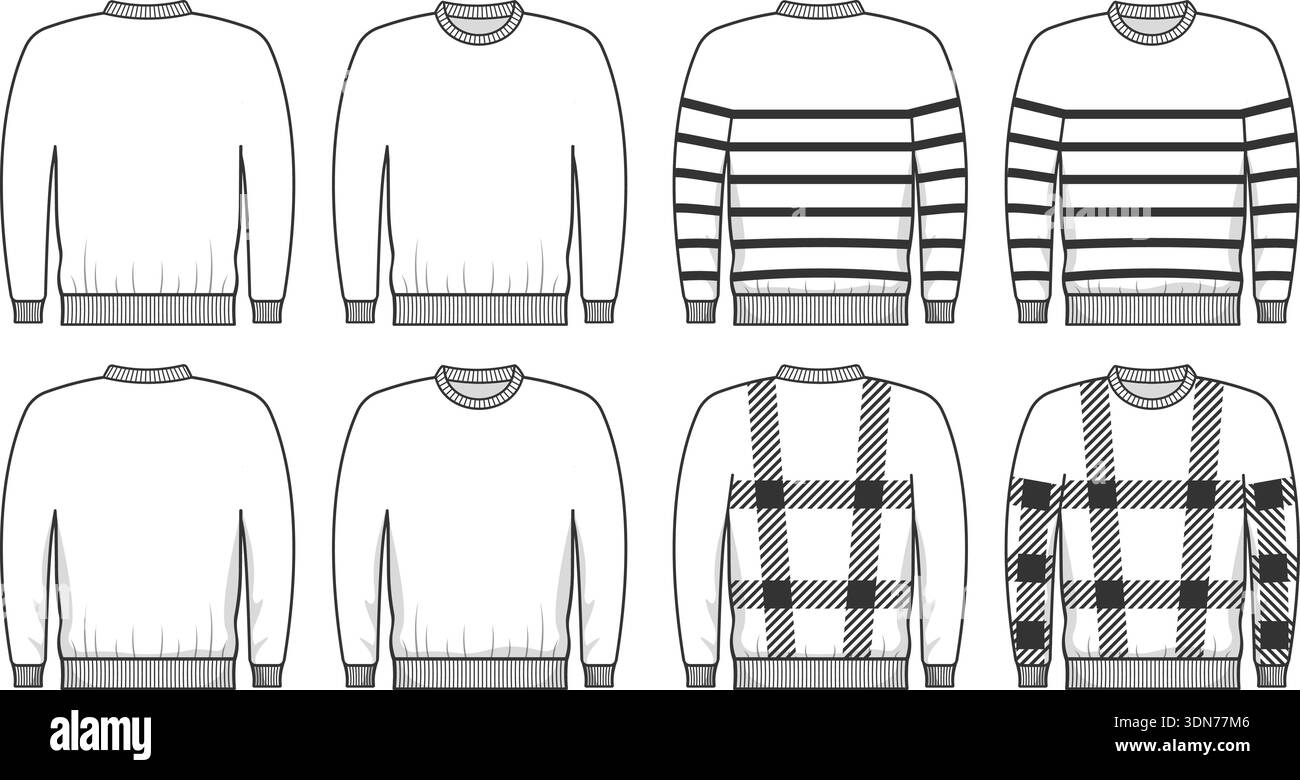 Umrissillustration Set aus leeren und gemusterten Sweatshirts, dargestellt von Vorder- und Rückansicht. Mit einfarbigen, gestreiften und karierten Designs, perfekt für Print-on-Demand, Modevorlagen und Designanpassung. Stock Vektor