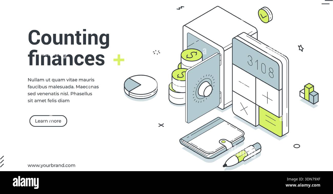 Webbanner für das Zählen von Finanzdaten. Isometrische Vektordarstellung eines Tresors mit Geld. Moderne Vorlage für eine Landing-Page zu Einsparungen und Budget. Fin Stock Vektor