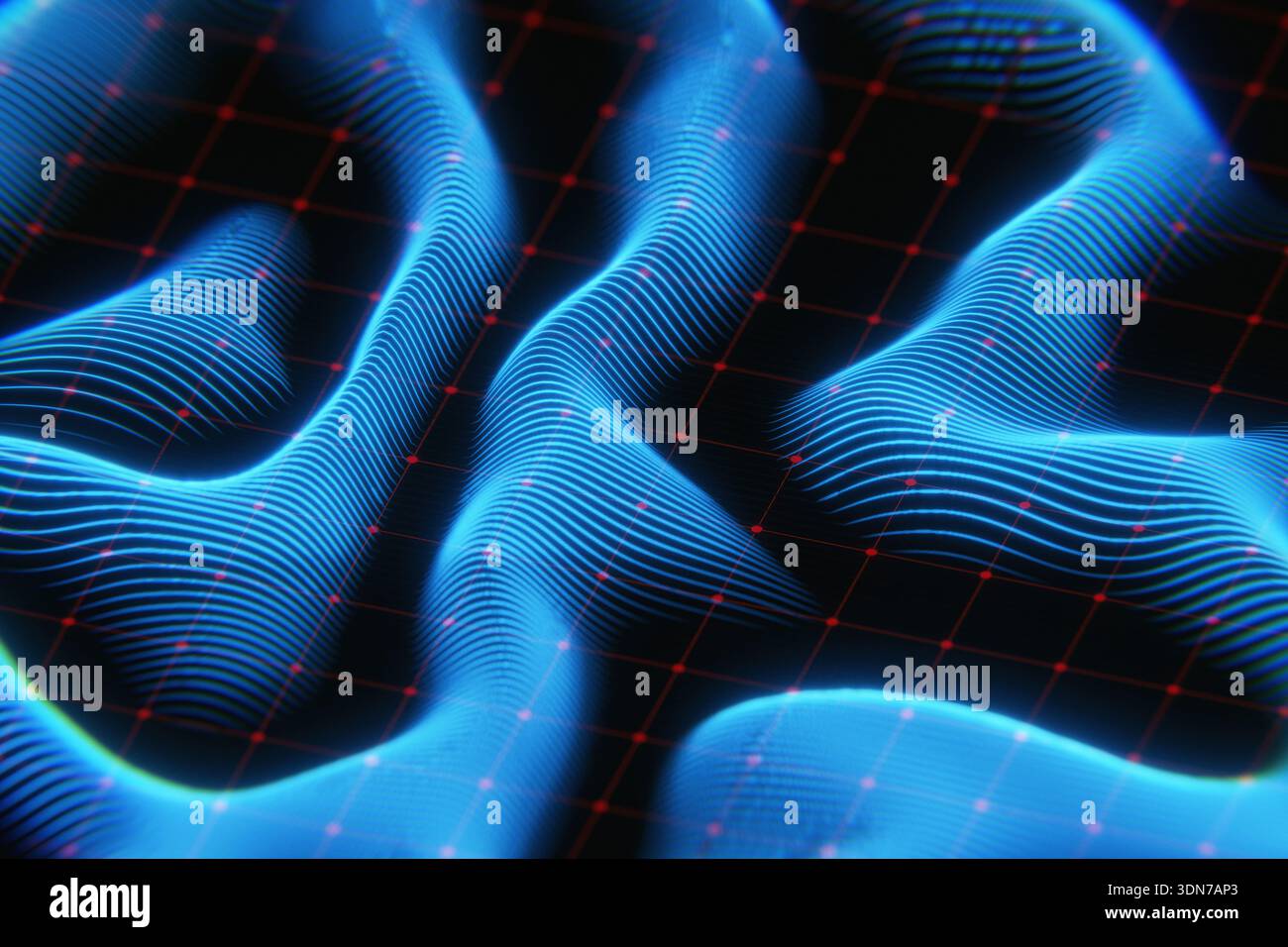 Abstrakte Darstellung von Schallwellen oder Frequenzimpulsen in einem digitalen Raum. High-Tech-3D-Rendering geeignet für Audiotechnik, Musiktechnologie, A Stockfoto