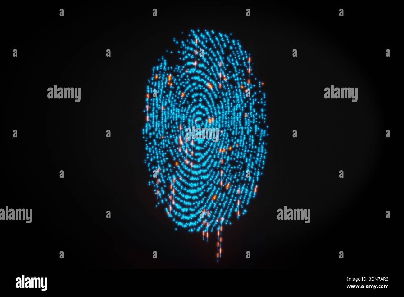 Abstrakter digitaler Fingerabdruckscan mit Lichtspuren. Dieses hochwertige 3D-Rendering repräsentiert modernen biometrischen Zugriff, Informationssicherheit und fut Stockfoto