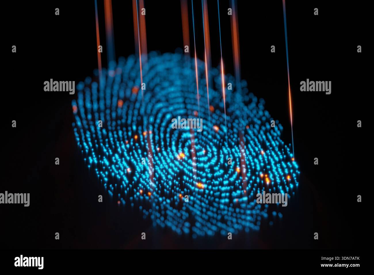 Futuristischer digitaler 3D-Fingerabdruck aus leuchtend blauen Partikeln. Vertikale Lichtstrahlen scannen die Oberfläche und repräsentieren erweiterte biometrische Sicherheit, AI d Stockfoto