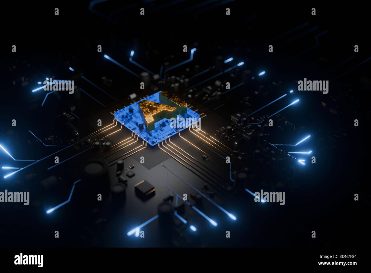 Futuristische elektronische Leiterplatte mit zentralem KI-Kern. Goldene Buchstaben auf einem blauen Chip veranschaulichen fortschrittliche digitale Transformation und neuronales Netz Stockfoto