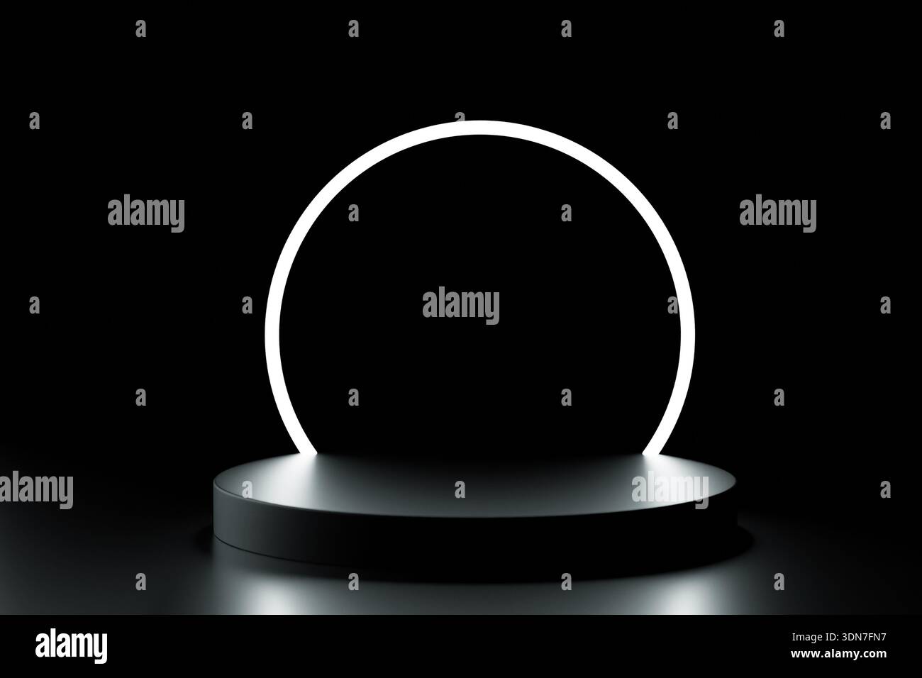 Futuristisches schwarzes Podium mit leuchtendem Neon-Ringlicht. Minimalistischer 3D-Sockel für hochwertige Produktanzeige auf dunklem Hintergrund. Cyberpunk-ästhetisches Mocku Stockfoto