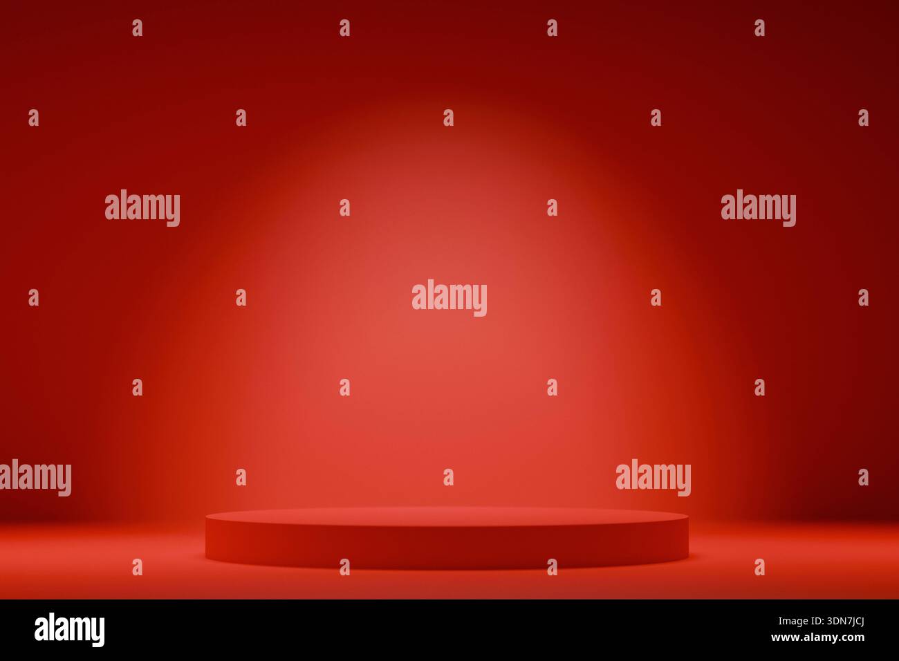 Minimalistisches rotes Podium auf Studiohintergrund mit weichem Spotlight. Leerer runder Sockel zur Produktpräsentation und -Anzeige. Reinigen Sie professionelle 3D-Ren Stockfoto