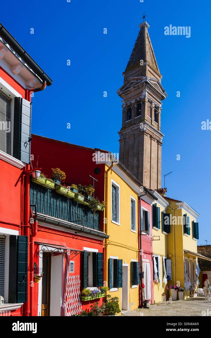 Bunte Häuser mit einem hohen Glockenturm unter einem klaren blauen Himmel an einem sonnigen Tag. Burano, Lagune Venetian, Italien Stockfoto