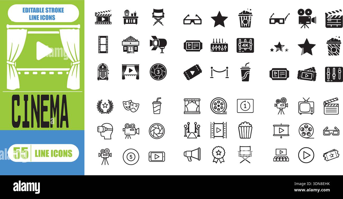 Cinema Line Icon Set für Kino, Filmproduktion, Videoaufnahme, Unterhaltungsmedien, Filmfestival, Streaming, Bearbeitbarer Konturvektor Stock Vektor